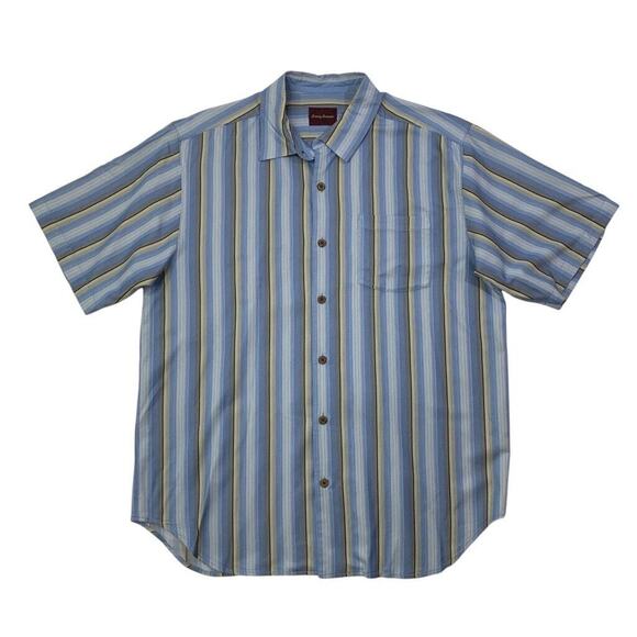 Tommy Bahama Shirt Mens L Large Blue Silk Striped Short Sleeve Hawaiian Camp - Picture 1 of 10